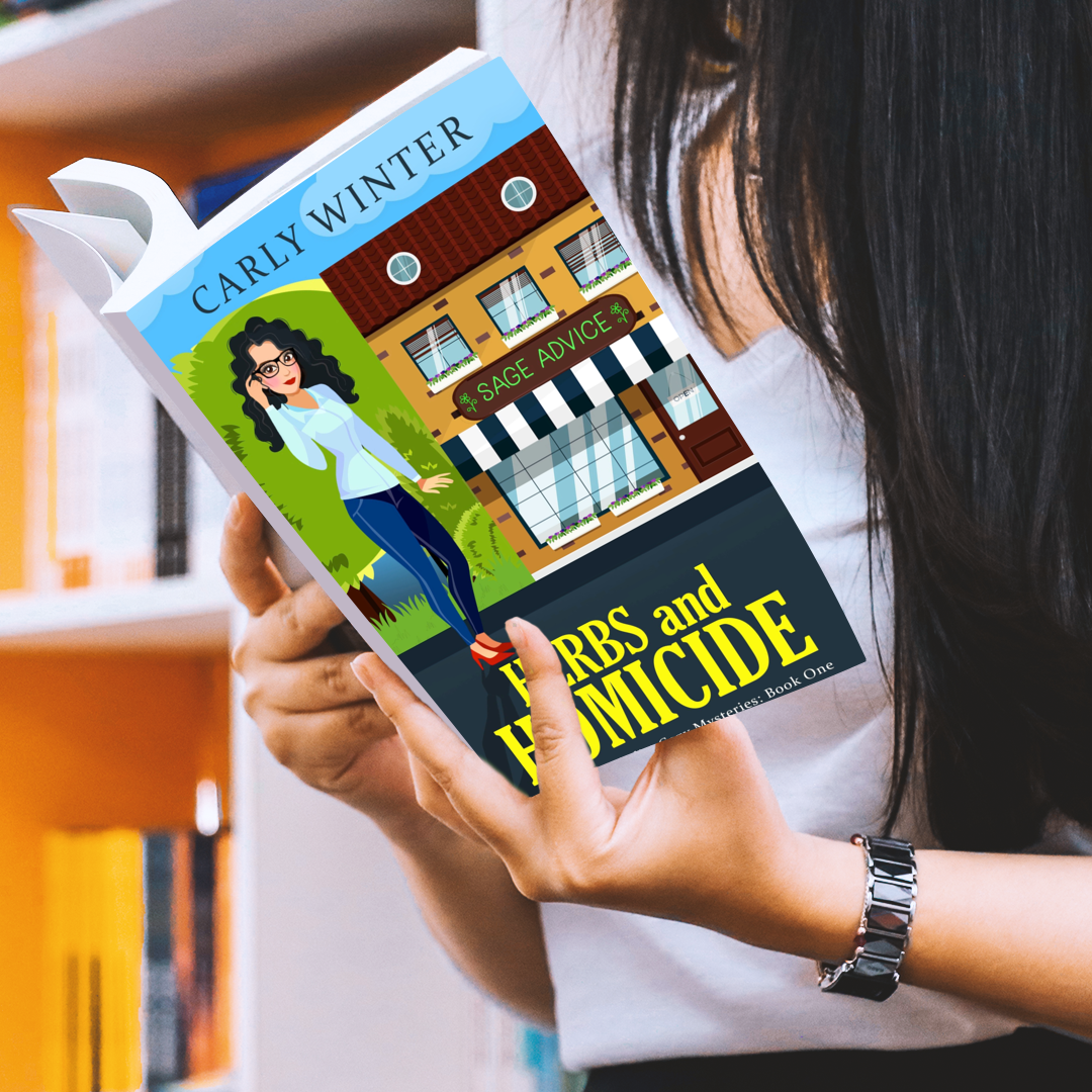 woman reading herbs and homicide paperback by carly winter 