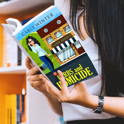 woman reading herbs and homicide paperback by carly winter 
