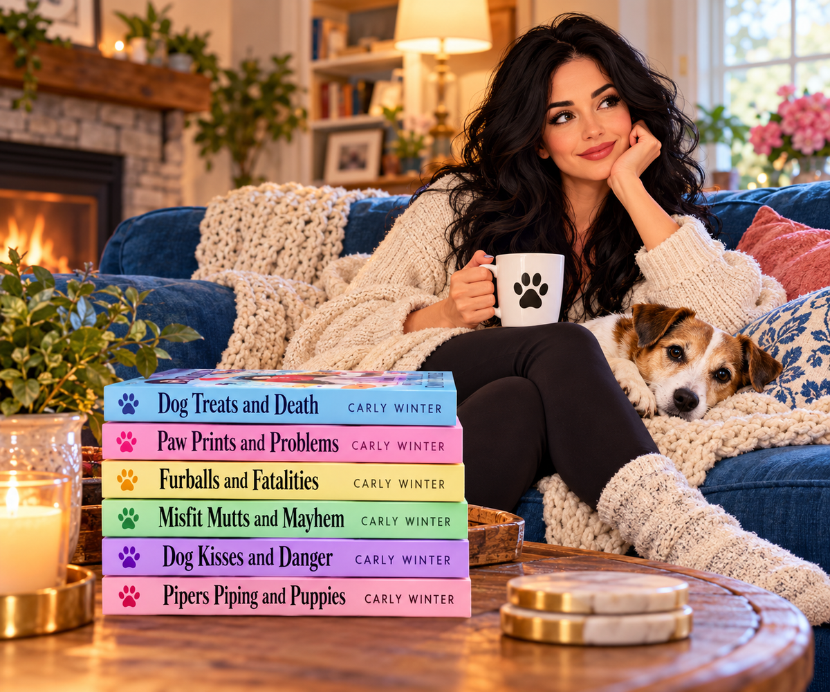 Woman with dog and the full series paperback collection of Heywood Hounds by Carly Winter
