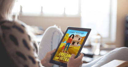 woman reading oregano and outrage by carly winter on an ereader