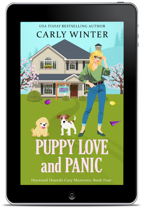 Book cover of 'Puppy Love and Panic' featuring an illustration of a woman with a dog, presumably the main character and the dog from the story.