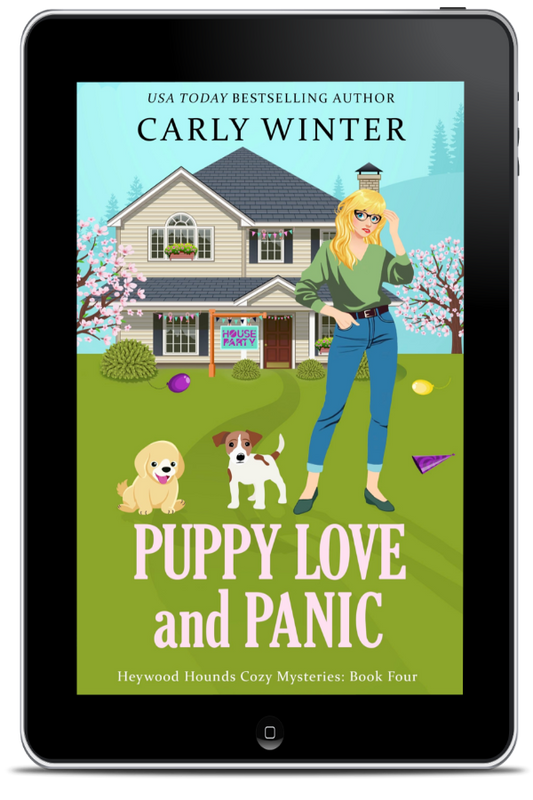 Book cover of 'Puppy Love and Panic' featuring an illustration of a woman with a dog, presumably the main character and the dog from the story.