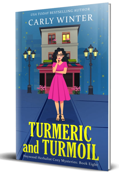Book cover of 'Turmeric and Turmoil' by Carly Winter featuring a woman in a pink dress on a street with lampposts.