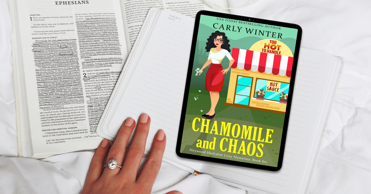 woman reading chamomile and chaos on an ereader by carly winter