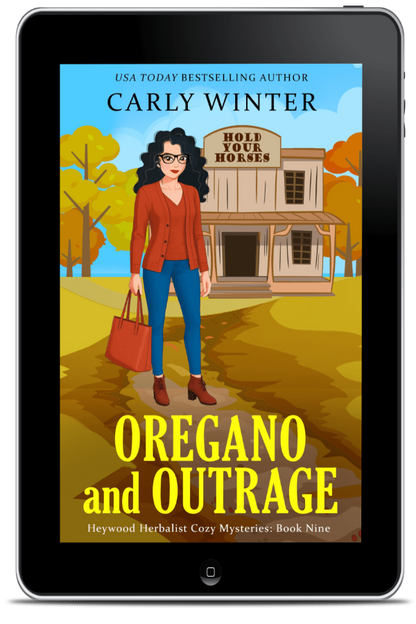 Book cover of 'Oregano and Outrage' by Carly Winter on a tablet screen.